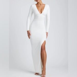 White Long Sleeve V Neck Maxi Dress